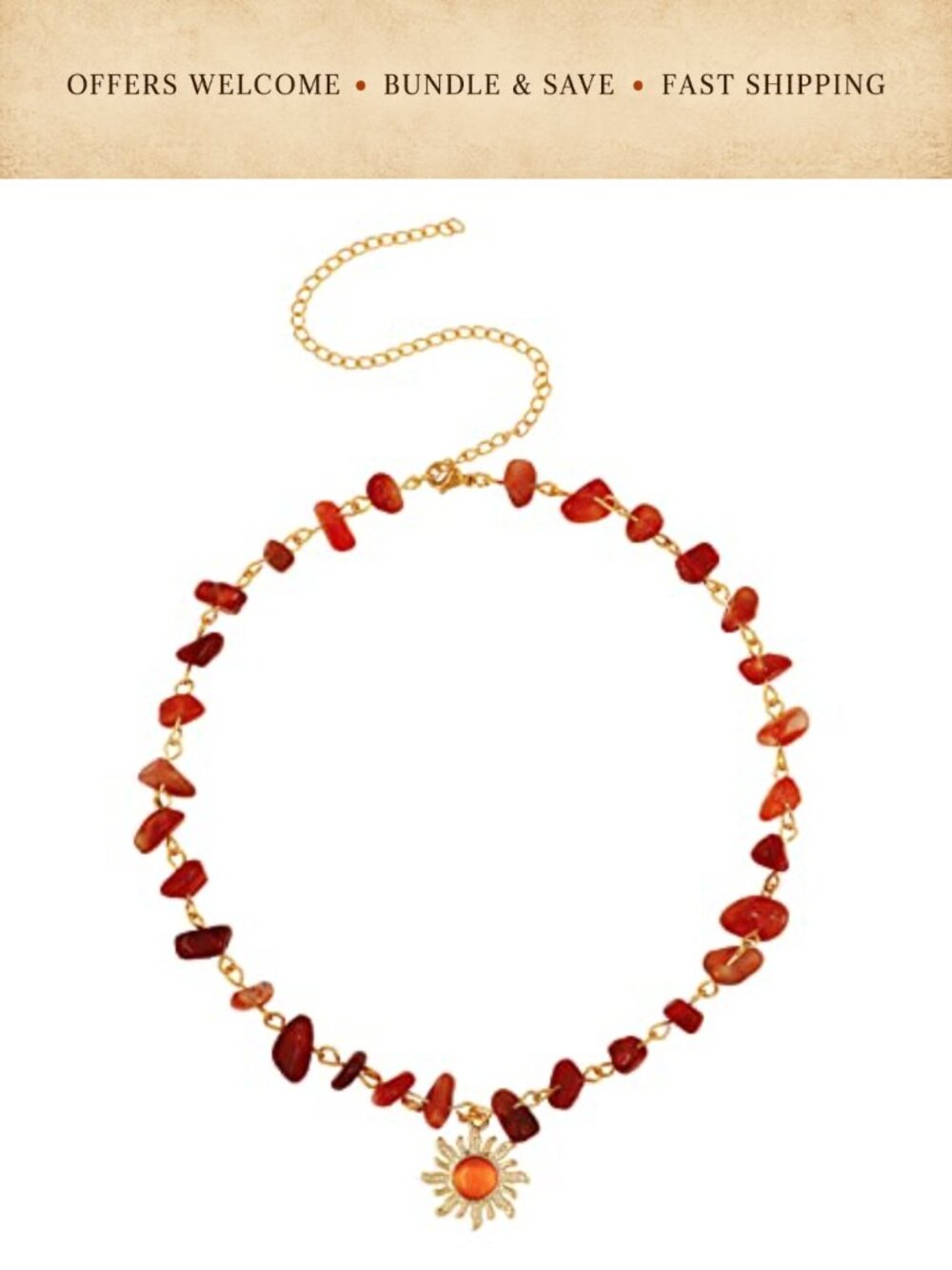 Boho Sun Crystal Choker Necklace Stainless Steel Natural Carnelian Adjustable